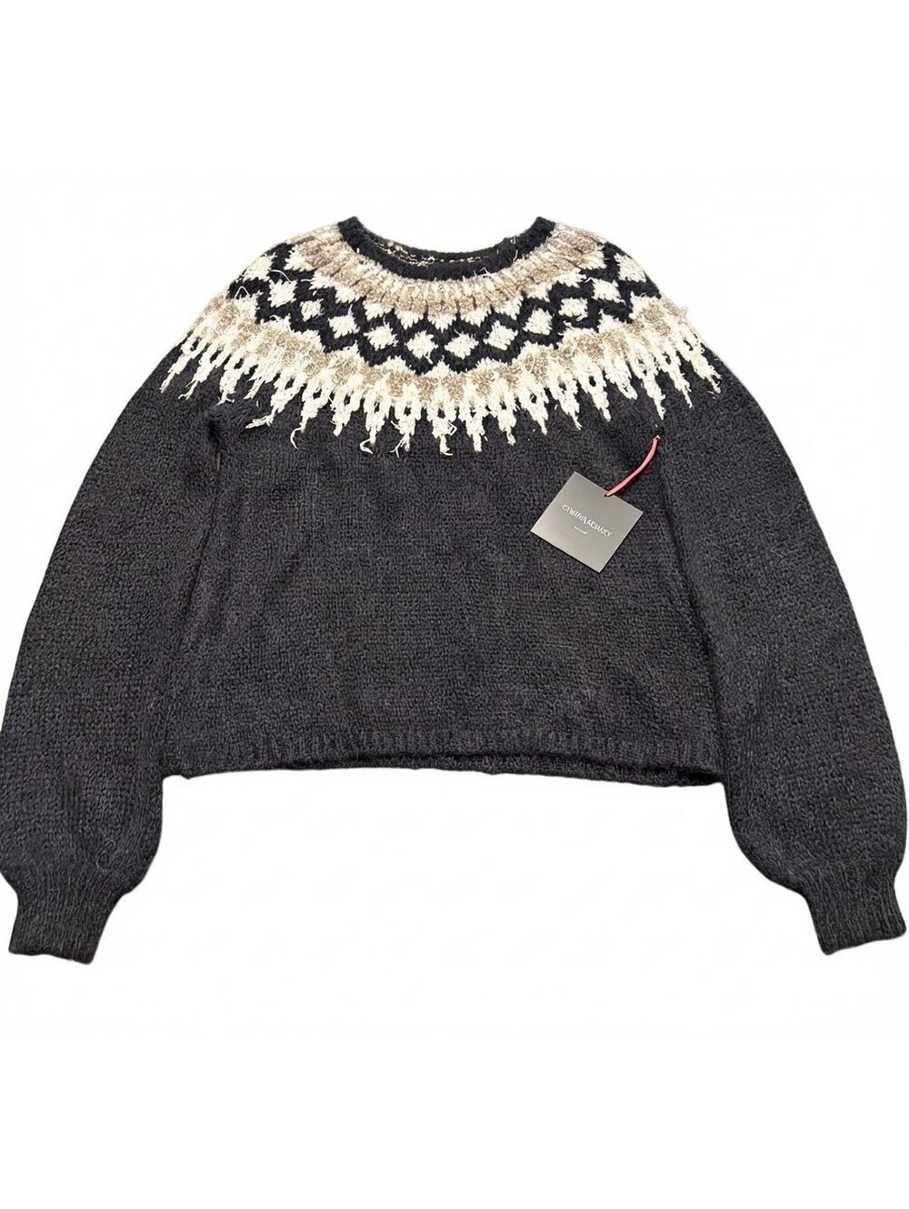 New Cynthia Rowley Fair Isle Yoke Knit Sweater Dark Grey Cream Fringe Large